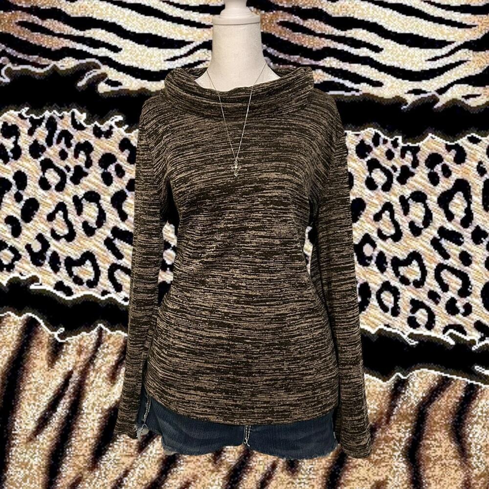 foldover neck brown and nude marled turtleneck